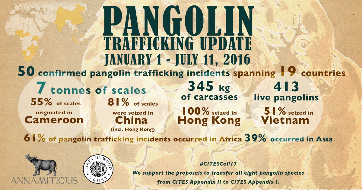 January 1 - July 11, 2016: 50 confirmed pangolin trafficking incidents spanning 19 countries.