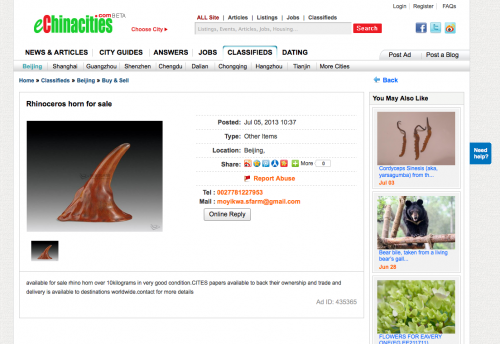 In the classifed ad section of eChinacities.com, rhino horn is offered for sale (screenshot).