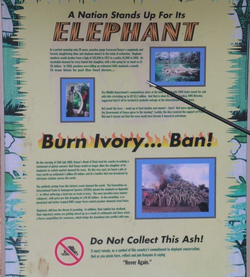 Sign at the site of the first ivory stockpile burn in Nairobi, Kenya. Photo © Sal Amato