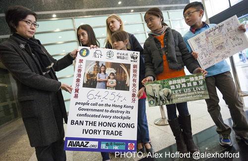 The young activists hand over the petition to a representative of the Agriculture, Fisheries & Conservation Department. PHOTO: Alex Hofford