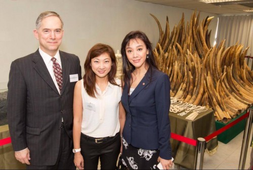 U.S. Counsel General Clifford A. Hart and Iris Ho of Humane Society International with Sharon Kwok, one of Hong Kong for Elephants executive directors at the ivory burn ceremony in Hong Kong.