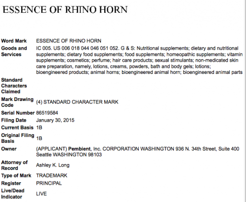 Pembient will capitalize on demand for rhino horn with its "essence of rhino horn" brand. Screenshot via uspto.gov